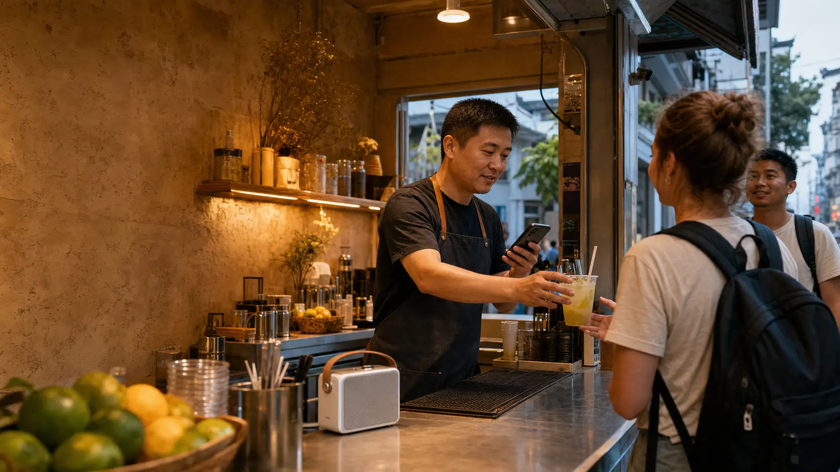 街边饮品店的店主一边服务顾客,一边用手机准备客来声播报